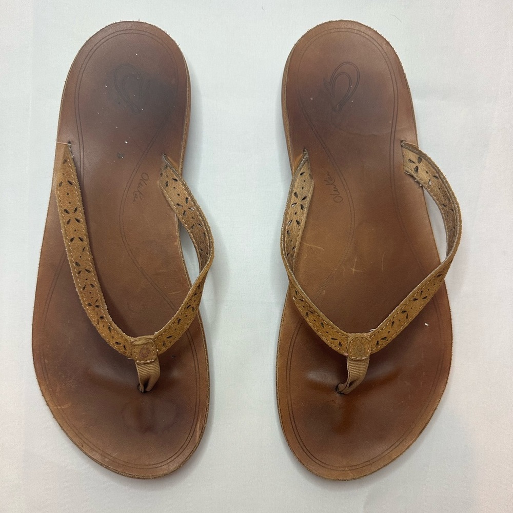 OluKai Brown Leather Toe-Post Sandals